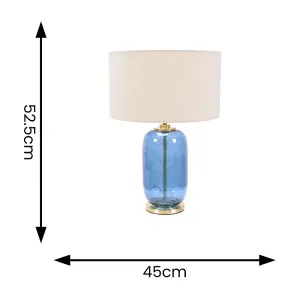 ValueLights Leigh Navy Blue Glass and Gold Detail Table Lamp with Natural Drum Shade Light - LED Bulb Included