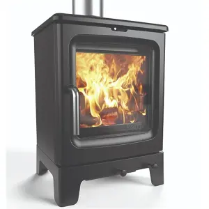 Modern Metallic Black 4.7kw DEFRA Wood Burning Stove & Stainless Steel Cook Plate - Rear Exit