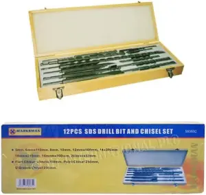 12Pc Sds Drill Bit Masonry Wall Chisel Set In Wooden Box New U Groove Point Flat