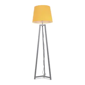 ValueLights Lottie Grey Wood Tripod Floor Lamp with Mustard Tapered Shade - LED Bulb Included