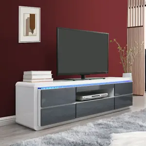 Frame TV Stand With Storage Living Room and Bedroom, 1600 Wide, LED Lighting, Media Storage, White And Grey High Gloss Finish