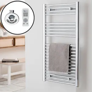 Bray Thermostatic Electric Heated Towel Rail With Timer, Straight, Chrome - W500 x H1400 mm