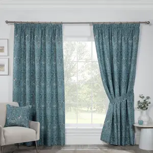 Sundour Kyoto Fully Lined Pencil Pleat Curtains Blue 46x54" Ready Made Curtain Pair