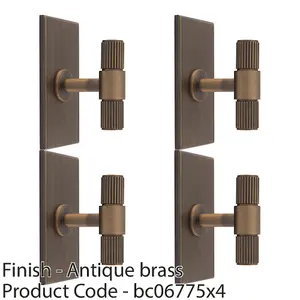 4 PACK - Reeded T Bar Cabinet Door Knob & Matching Backplate - Antique Brass 76 x 40mm