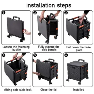 Black Collapsible Rolling Protable Crate with Magnetic Lid and Adjustable Handle