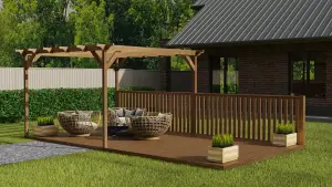 Rectangular pergola and decking kit with balustrade V.5, 3.6m x 4.2m, Rustic brown finish