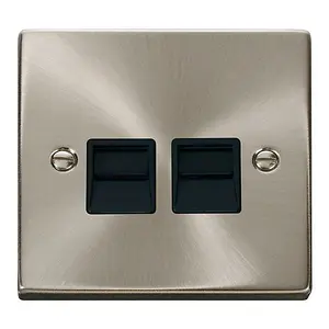 Satin / Brushed Chrome Secondary Telephone Twin Socket - Black Trim - SE Home