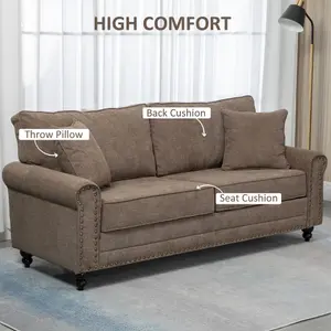 HOMCOM Fabric Sofa 3 Seater Sofa for Living Room w/ Throw Pillow Brown