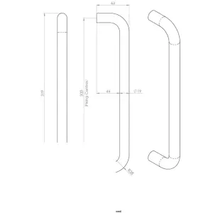 Round D Bar Pull Handle 319 x 19mm 300mm Fixing Centres Satin Stainless Steel