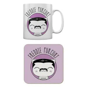 VI Pets Freddie Purcury Mug and Coaster Set White/Lilac (One Size)