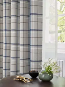 Home Curtains Hudson Woven Check Fully Lined 45w x 54d" (114x137cm) Blue Eyelet Curtains (PAIR)