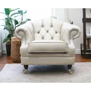 Chesterfield Handmade Armchair Shelly Pebble Real Leather In Victoria Style