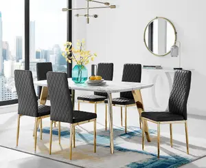 Andria Marble Effect Black Leg 6 Seater Dining Table with Gold Leg Black Faux Leather Milan Chairs For Luxury Modern Dining Room