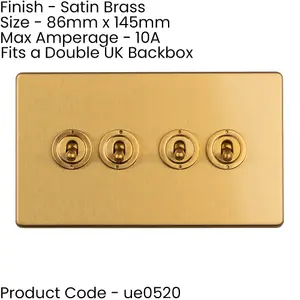 2 PACK 4 Gang Quad Retro Toggle Light Switch SCREWLESS SATIN BRASS 10A 2 Way