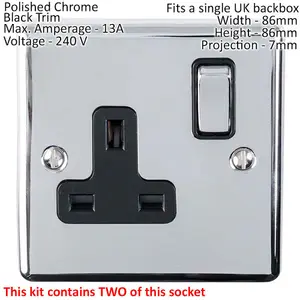 CHROME Bedroom Socket & Switch Set - 1x Light Switch & 2x UK Power Sockets