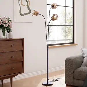 3-Light 174cm H Paper Rope String-Wrapped Lampshade Floor Lamp in Black