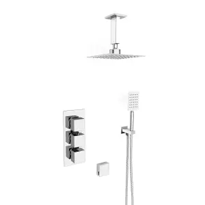 Nes Home Olive Square 3 Way Concealed Thermostatic Shower Mixer Valve, Ceiling Shower Head, Handset,Bath Filler Set Chrome