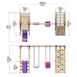 Rebo Wooden Swing Set with Deck and Slide plus Up and Over Climbing Wall - Moonstone Pink