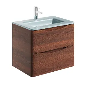 Eden 600mm Wall Hung Vanity Unit in Redwood & White Glass Basin