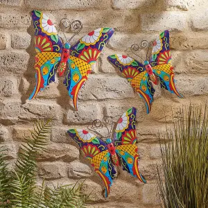 3 x Metal Butterfly Wall Art - Colourful Outdoor Garden Fence or Wall Sculpture Ornament Decorations - 3 Sizes, Fixings Included