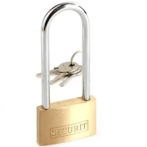 Securit Brass Long Shackle Padlock 50mm with x3 Keys