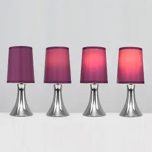 ValueLights Pair of - Small Chrome Touch Table Lamps with Purple Fabric Shades With 5w LED Dimmable Candle Bulbs In Warm White