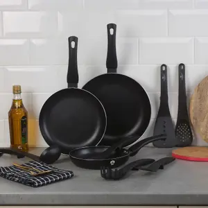 BLAUMANN 3 Pcs Matt Black Colour Frying Pan Set With Soft Touch Handles and 6 Pc Kitchen Tool Set