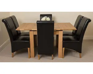 Richmond 90cm - 150cm Square Oak Extending Dining Table and 6 Chairs Dining Set with Montana Black Leather Chairs