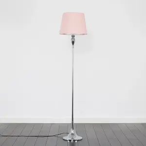 ValueLights Faulkner Modern Polished Chrome Spindle Design Floor Lamp with Pink Tapered Shade - Includes 10w LED GLS Bulb 3000K