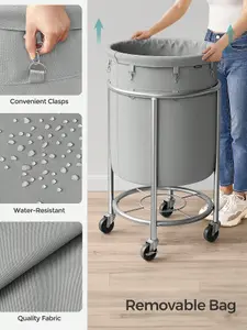 SONGMICS Laundry Basket On Wheels, Laundry Trolley 110L, Round Laundry Hamper With Steel Frame And Removable Bag, Grey And Silver