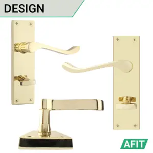 AFIT Polished Brass Victorian Scroll Bathroom Door Handle Set, 2 Pairs of Internal Handles on Backplate, Hinges 76mm & Locks 64mm