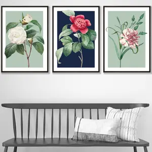 Set of 3 Framed Vintage Flowers Camellia Blue and Green / 30x42cm (A3) / Black