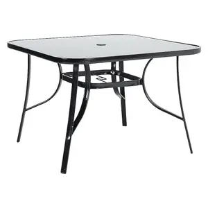 Black Square Tempered Glass Top Garden Bistro Dinging Table with Metal Frame and Umbrella Hole Outdoor 105 cm