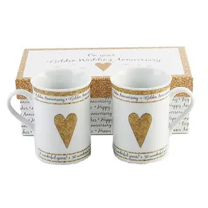 Beautifully Designed 50th Golden Anniversary Mug Set with Matching Gift Box