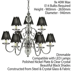 Flemish Ceiling Pendant Chandelier Polished Nickel & Black Shades 9 Lamp Light