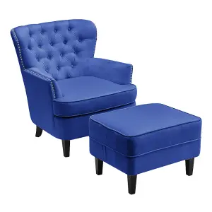 Blue Velvet Upholstered Occasional Armchair Sofa Chair with Footstool