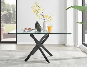 Furniturebox UK Leonardo Black Leg Glass Dining Table & 6 Green Pesaro Gold Leg Chairs