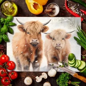 Textured Glass Chopping Board Highland Cows Design - Medium