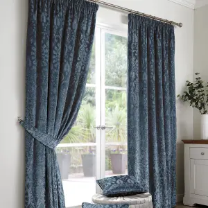 Trinity Velvet Ornamental Floral Pair of Blue Pencil Pleat Curtains