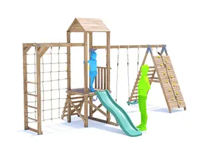 Dunster House Wooden Climbing Frame with Two Swings, Tall Climbing Wall, Monkey Bars, Cargo Net & Slide BalconyFort Low Platform