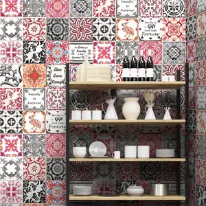 Walplus Black and Red Vintage Azulejo Combo Mix Tile Stickers