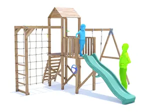 Dunster House Climbing Frame with Swing, Slide, Bars & Net BalconyFort High Platform