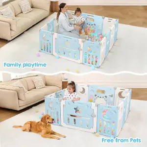 12+2 Panel Baby Foldable Playpen with Safety Gate 25 Sq.ft - Blue White