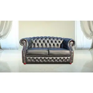 Chesterfield 2 Seater Shelly Black Real Leather Sofa Bespoke In Buckingham Style