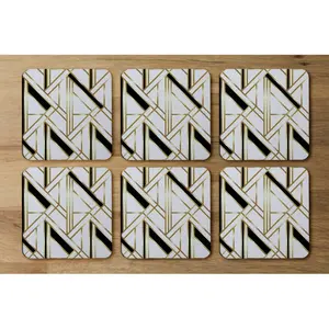 Square 6 Piece Coaster Set (Set of 6) White/Gold/Black