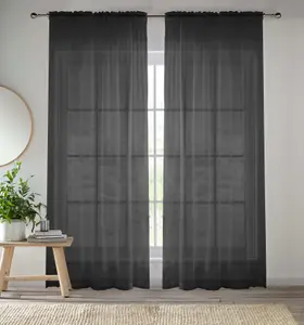 Sheer Black Plain Woven Voile Slot Top Curtain Panel Pair (57x54") 145x137cm