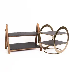 2 Piece Slate & Wood Serving Stand Set