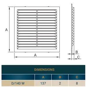 SQUARE  air vent with no screws visible cover plate and fly screen,flat back (140mm high x 140mm wide)