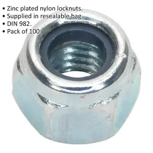 100 Pack of Zinc Plated Nylon Locknut Bolts - M6 DIN 982 - 1mm Pitch for Versatile Use