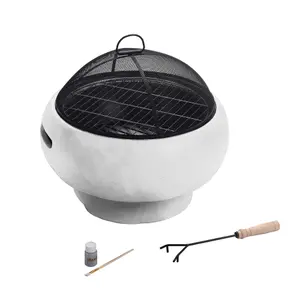 Teamson Home Outdoor Wood Burning Fire Pit, Round Concrete Garden Heater, Log Burner, Includes Lid & Poker - 53 x 53 x 47 (cm)